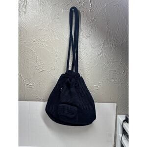 The Sak Drawstring Crochet Backpack Purse‎ W/Small Cargo Pocket Navy Blue